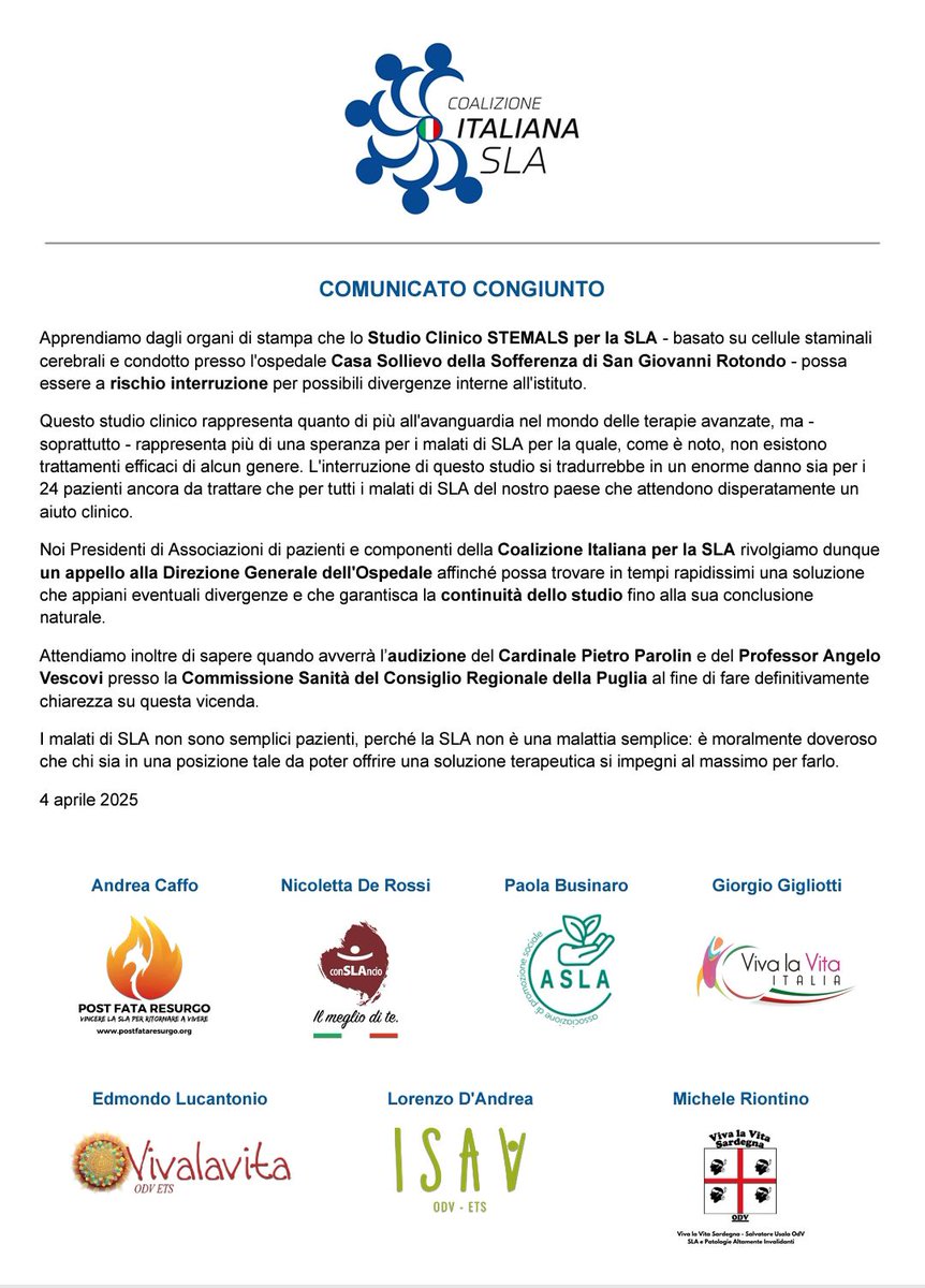 Associazione conSLAncio Onlus (@conslancioonlus) on Twitter photo The #Italian #ALS #Coalition has sent a united letter to the Management of Casa Sollievo della Sofferenza di San Giovanni Rotondo Hospital seeking clarifications to the possible interruption of the #STEMALS #ClinicalTrial.
We request a rapid solution to complete the study. The #Italian #ALS #Coalition has sent a united letter to the Management of Casa Sollievo della Sofferenza di San Giovanni Rotondo Hospital seeking clarifications to the possible interruption of the #STEMALS #ClinicalTrial.
We request a rapid solution to complete the study.