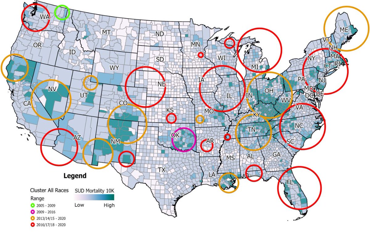moraffreports's tweet image. Spatiotemporal clustering of SUD-related deaths in the contiguous United States (2005–2020) . From 2013 onward, clusters emerged in the western US, shifting to the eastern US post-2016.
thelancet.com/journals/lanam…