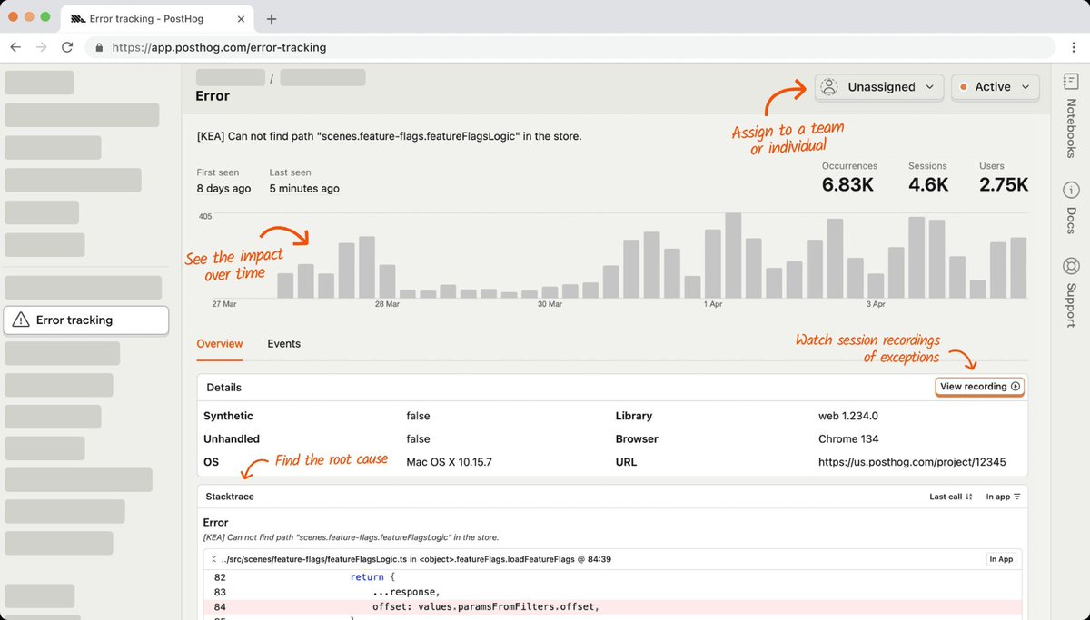 posthog's tweet photo. Our error tracking beta is now... no longer a beta!

Like all our products, there's a generous free tier – 100k exceptions every month. After that, pricing is usage-based and very affordable.

It does all the things you'd expect an error tracking tool to do, like:

- Notifications of new issues by email, Slack, or webhook
- Triage issues by assigning to individuals or groups
- Stack traces, so you can see the code context associated with an exception. 

But all these things are made 10x better because it integrates with all our other products, such as:

- Session replays, so you see exactly how and when things break.
- Feature flags, so you can test fixes by rolling out code changes only to affected users.
- Product analytics, so you can graph `$exception` events and analyze their impact.

Head to the docs to learn more: https://t.co/nvifCDc5Qe