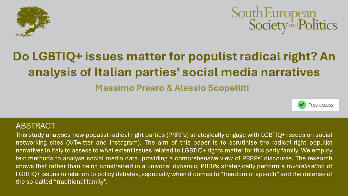 📢NEW ARTICLE!📢🇮🇹
Do LGBTIQ+ issues matter for populist radical right? An analysis of Italian parties’ social media narratives

Read the article by <a href="/massimoprearo/">Massimo Prearo</a> &amp; <a href="/AlessioScopell5/">Alessio Scopelliti 🇺🇦</a> here 👇
tandfonline.com/doi/full/10.10…