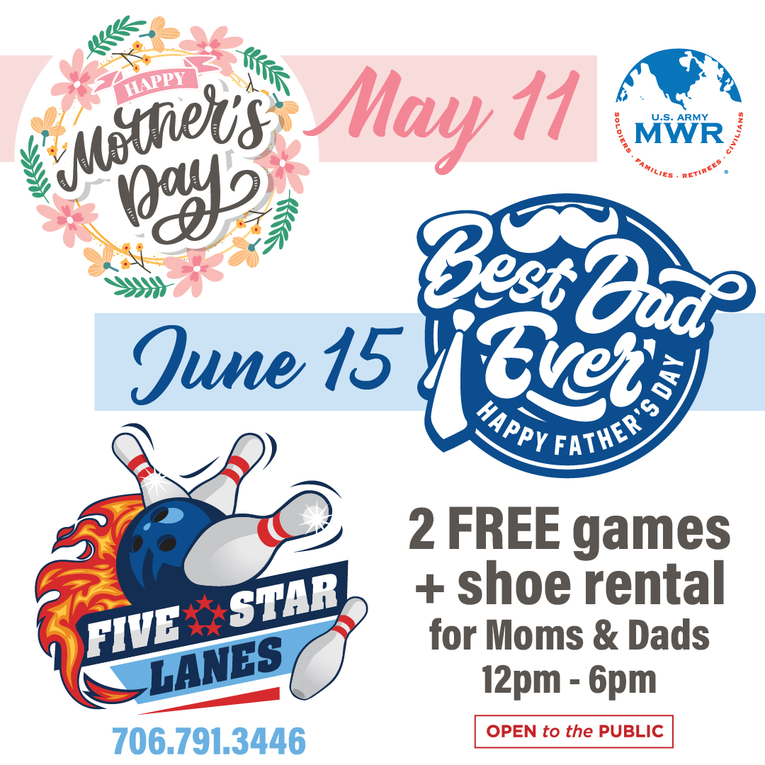 FtGordonMWR's tweet image. 🎳Heading to Five Star Lanes today for Pizza Bowl? Make sure you stop at the desk and ask them about their upcoming Mother's Day special hitting the lanes May 11th!

#EisenhowerMWR #FiveStarLanes #PizzaBowl #Bowling