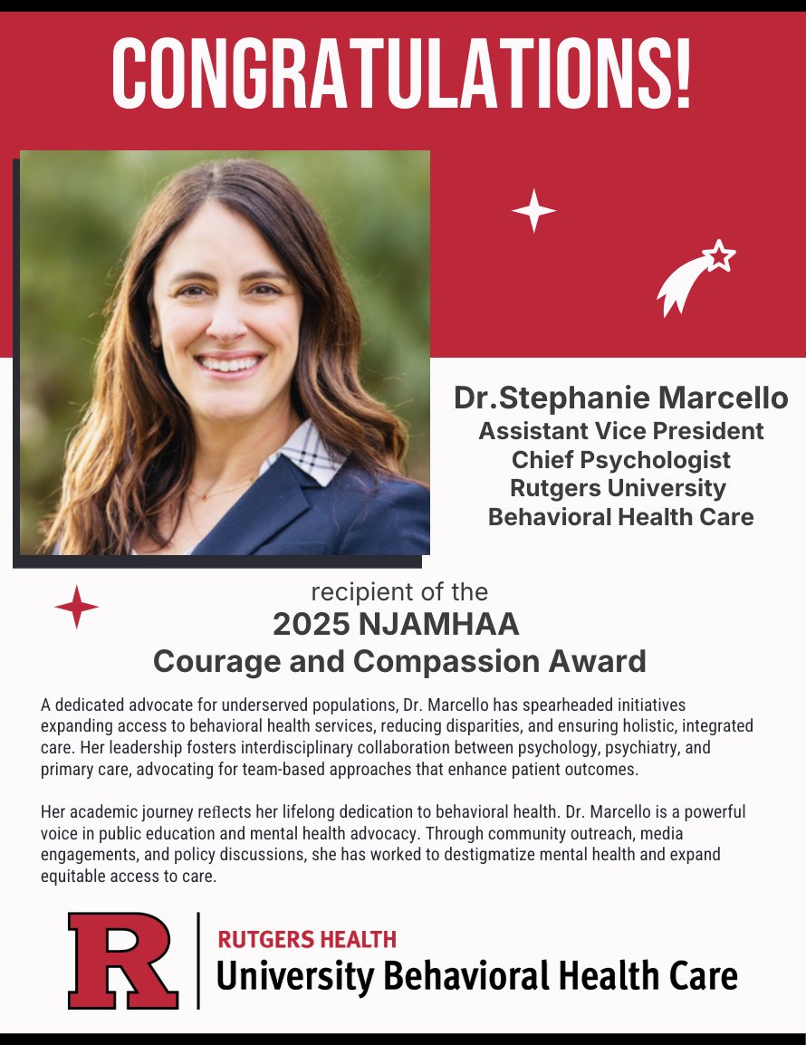 Rutgers UBHC (@rutgers_ubhc) on Twitter photo ๐ Congratulations to <a href="/stephmarcello/">Stephanie Marcello</a> ๐
We are thrilled to celebrate Dr. Marcello as the recipient of the 2025 NJAMHAA Courage and Compassion Award! Her unwavering dedication, leadership, and heart-centered approach continue to inspire and uplift our community. ๐๐ ๐ Congratulations to <a href="/stephmarcello/">Stephanie Marcello</a> ๐
We are thrilled to celebrate Dr. Marcello as the recipient of the 2025 NJAMHAA Courage and Compassion Award! Her unwavering dedication, leadership, and heart-centered approach continue to inspire and uplift our community. ๐๐