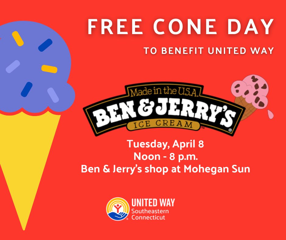 UnitedWaySECT's tweet photo. Happening today! Please join us for a free cone. P.S. Good news - the waffle cones are back this year! #UnitedistheWay #FreeConeDay https://t.co/evGLNBn8wn
