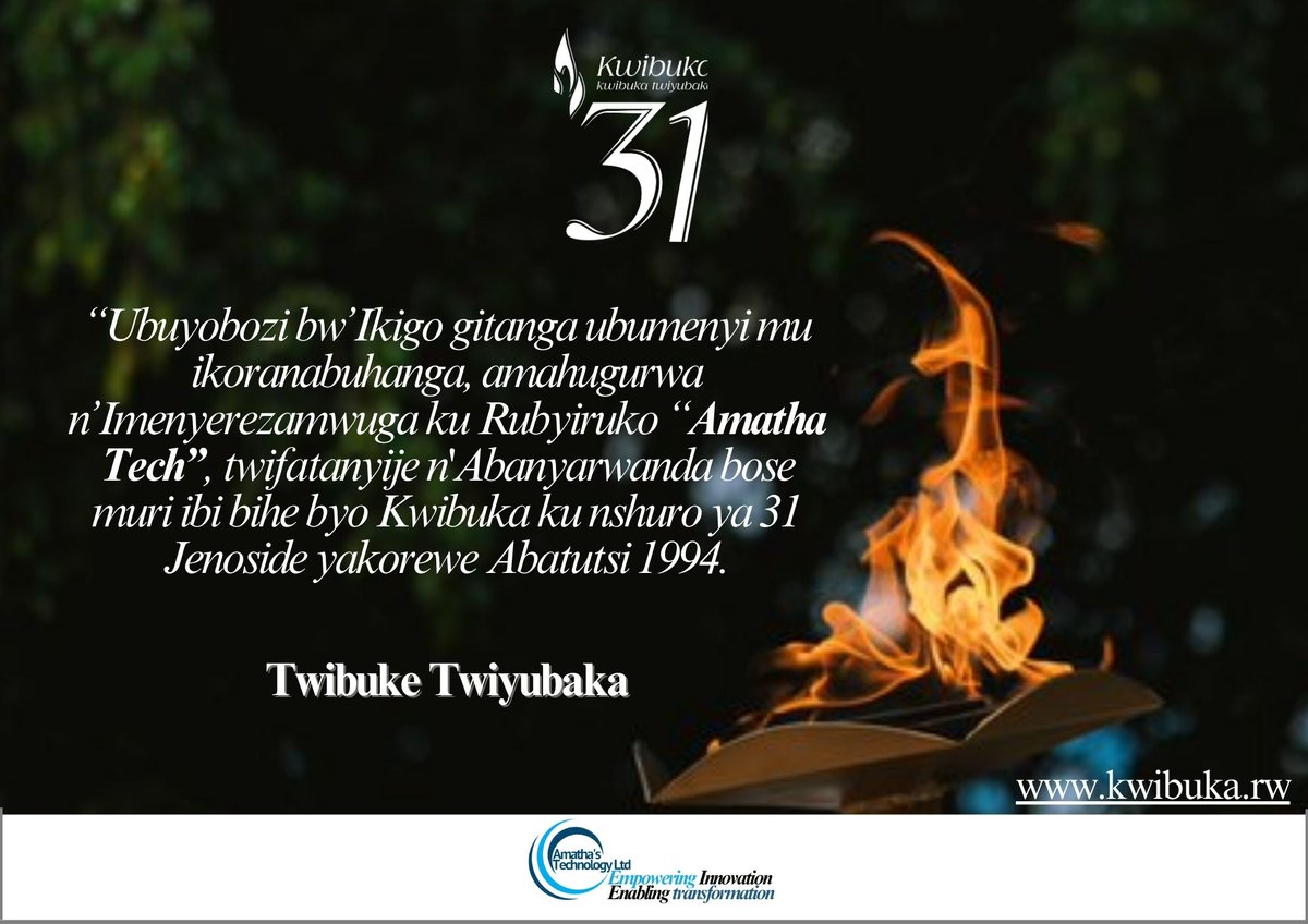 “Ubuyobozi bw’Ikigo gitanga ubumenyi mu ikoranabuhanga, amahugurwa n’Imenyerezamwuga <a href="/DigitalTechRw/">Digital Empowerment Hub | Rwanda</a> ku Rubyiruko “Amatha Tech”, twifatanyije n'Abanyarwanda bose muri ibi bihe byo Kwibuka ku nshuro ya 31 Jenoside yakorewe Abatutsi 1994.

#Kwibuka31
Twibuke Twiyubaka