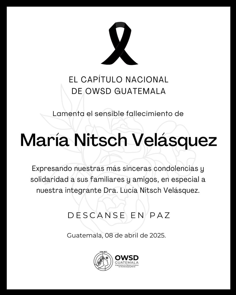 OWSD Guatemala (@owsd_gt) on Twitter photo 🕊️ Nota de Duelo
Lamentamos profundamente el sensible fallecimiento de la hermana de nuestra estimada Lucia Nitsch.
Acompañamos a Lucía en este momento de dolor, y enviamos nuestras más sinceras condolencias con solidaridad y respeto.
Con cariño,
<a href="/Owsd_GT/">OWSD Guatemala</a> 🕊️ Nota de Duelo
Lamentamos profundamente el sensible fallecimiento de la hermana de nuestra estimada Lucia Nitsch.
Acompañamos a Lucía en este momento de dolor, y enviamos nuestras más sinceras condolencias con solidaridad y respeto.
Con cariño,
<a href="/Owsd_GT/">OWSD Guatemala</a>