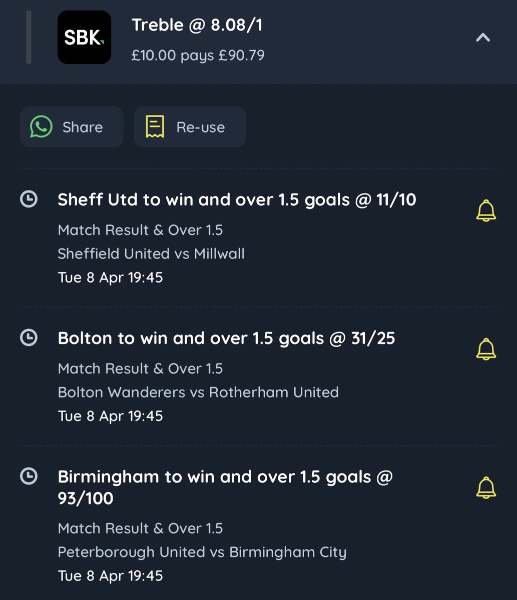FullTimeTips1's tweet image. 8/1 treble for tonight’s championship games ⚽️⚽️⚽️

Sheffield United ✅ &amp;amp; over 1.5 goals 
Bolton ✅ &amp;amp; over 1.5 goals 
Birmingham ✅ &amp;amp; over 1.5 goals 

Let’s go 🙌🙌 free discord link in bio.. exclusive tips &amp;amp; specials for tonight.. #Championship