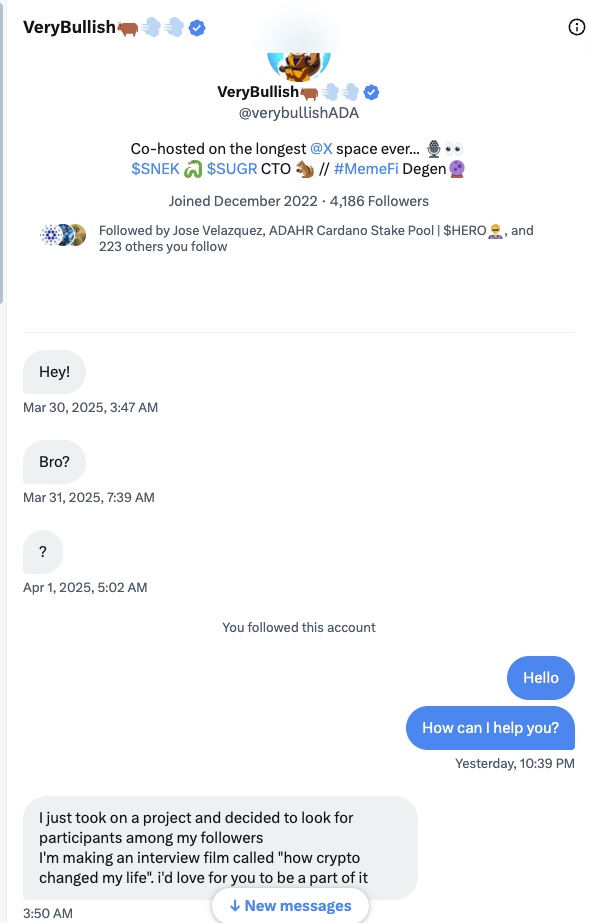 GM #Cardano

Wanted to give a heads up of a potential scam. This account by <a href="/BoazB5475/">Boaz B.</a> was hacked and sending a malicious link. 

I just received the exact same message from <a href="/verybullishADA/">VeryBullish🐂💨💨</a>. Perhaps its a coincidence?  Please proceed with caution