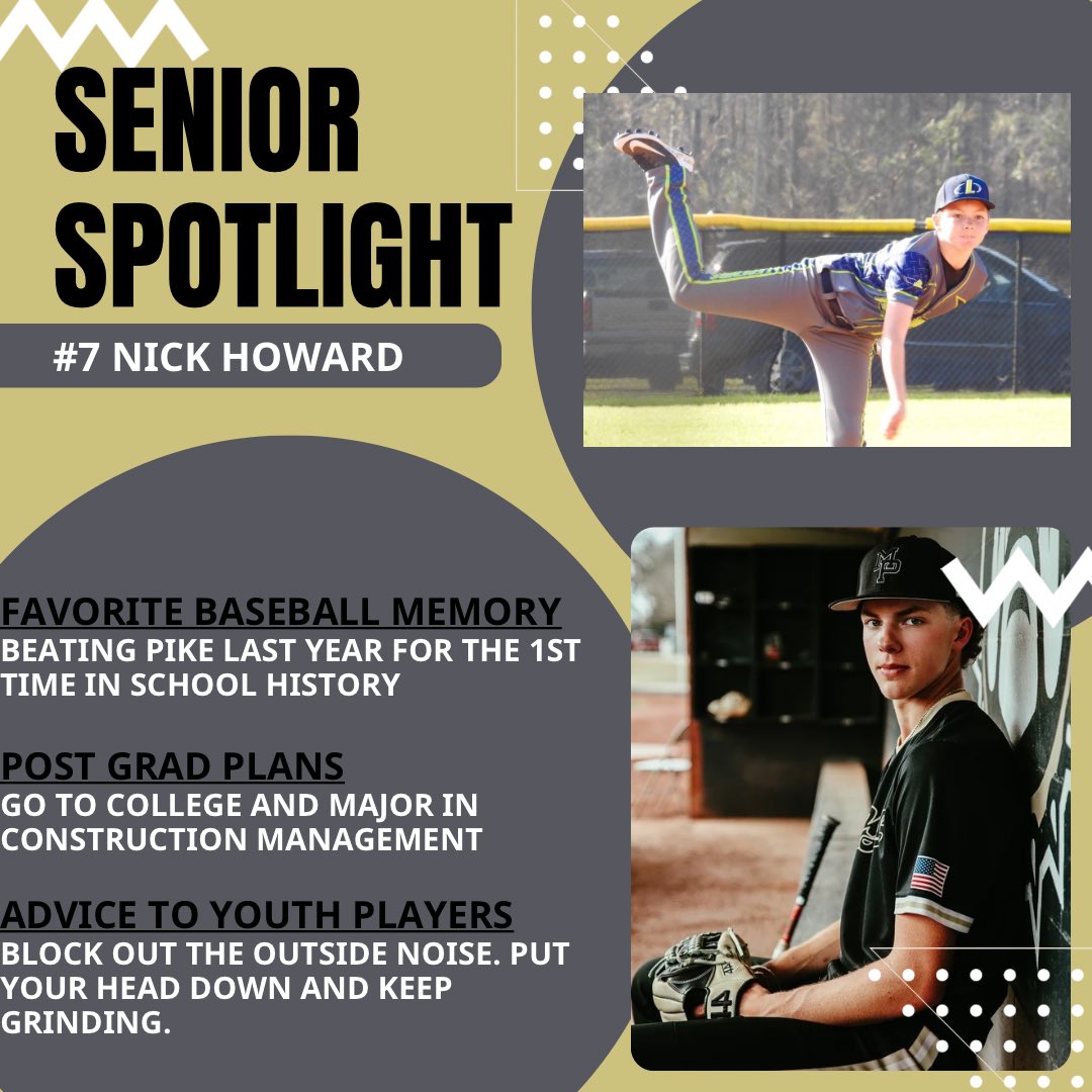 Our next Senior Spotlight is with Nick Howard. He is the son of Tre and Rebecca Howard and the brother of Nate and Makenna. Nick has played multiple positions for our team the last 2 years and was able to notch his 1st career Homerun last weekend.