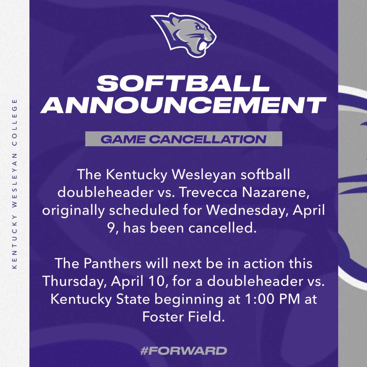 The Kentucky Wesleyan softball doubleheader vs. Trevecca Nazarene, originally scheduled for Wednesday, April 9, has been cancelled. 

The Panthers will next be in action this Thursday, April 10, for a doubleheader vs. Kentucky State beginning at 1:00 PM at Foster Field.

#Forward