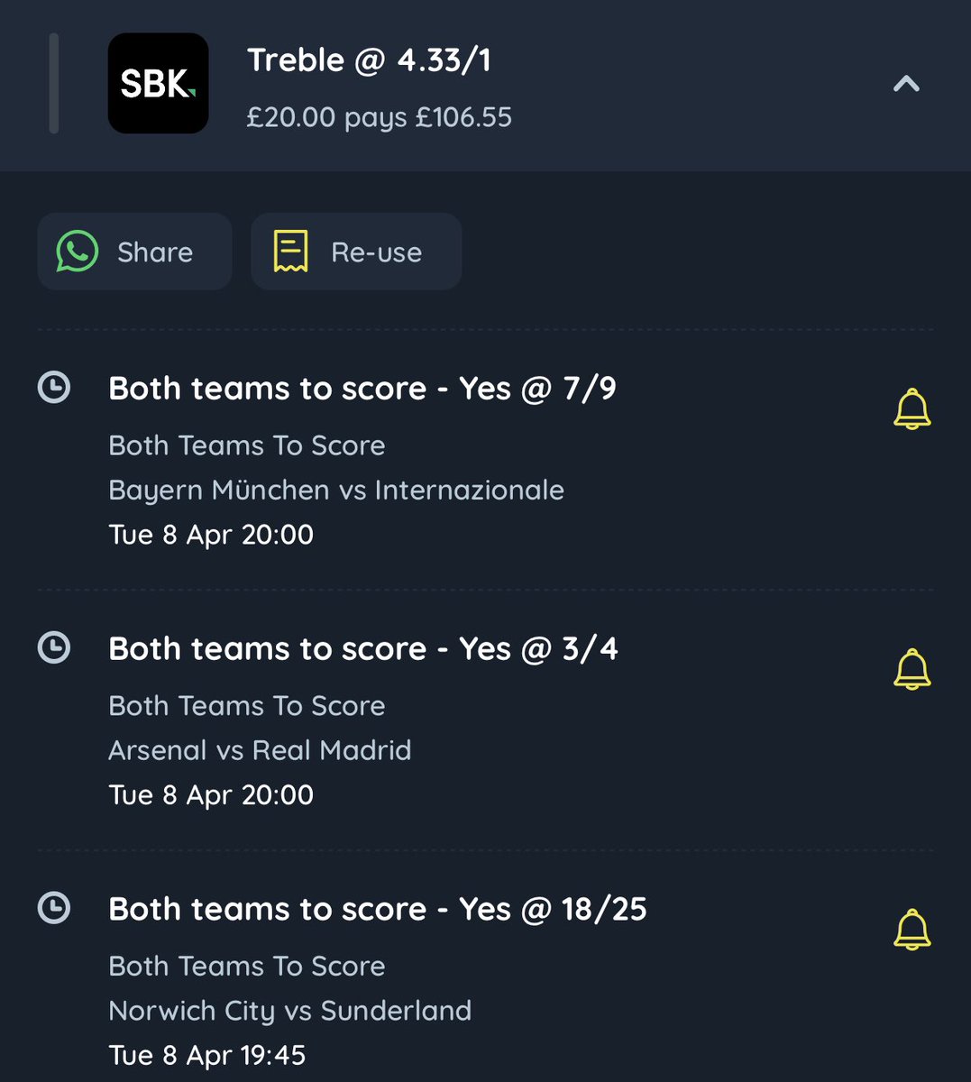 FullTimeTips1's tweet image. 4/1 BTTS treble for tonight ⚽️⚽️⚽️

Bayern vs Inter ✅
Arsenal vs Madrid ✅
Norwich vs Sunderland ✅

Let’s go 🙌🙌 find my hand picked selections for FREE in my bio.. #ChampionsLeague 💥