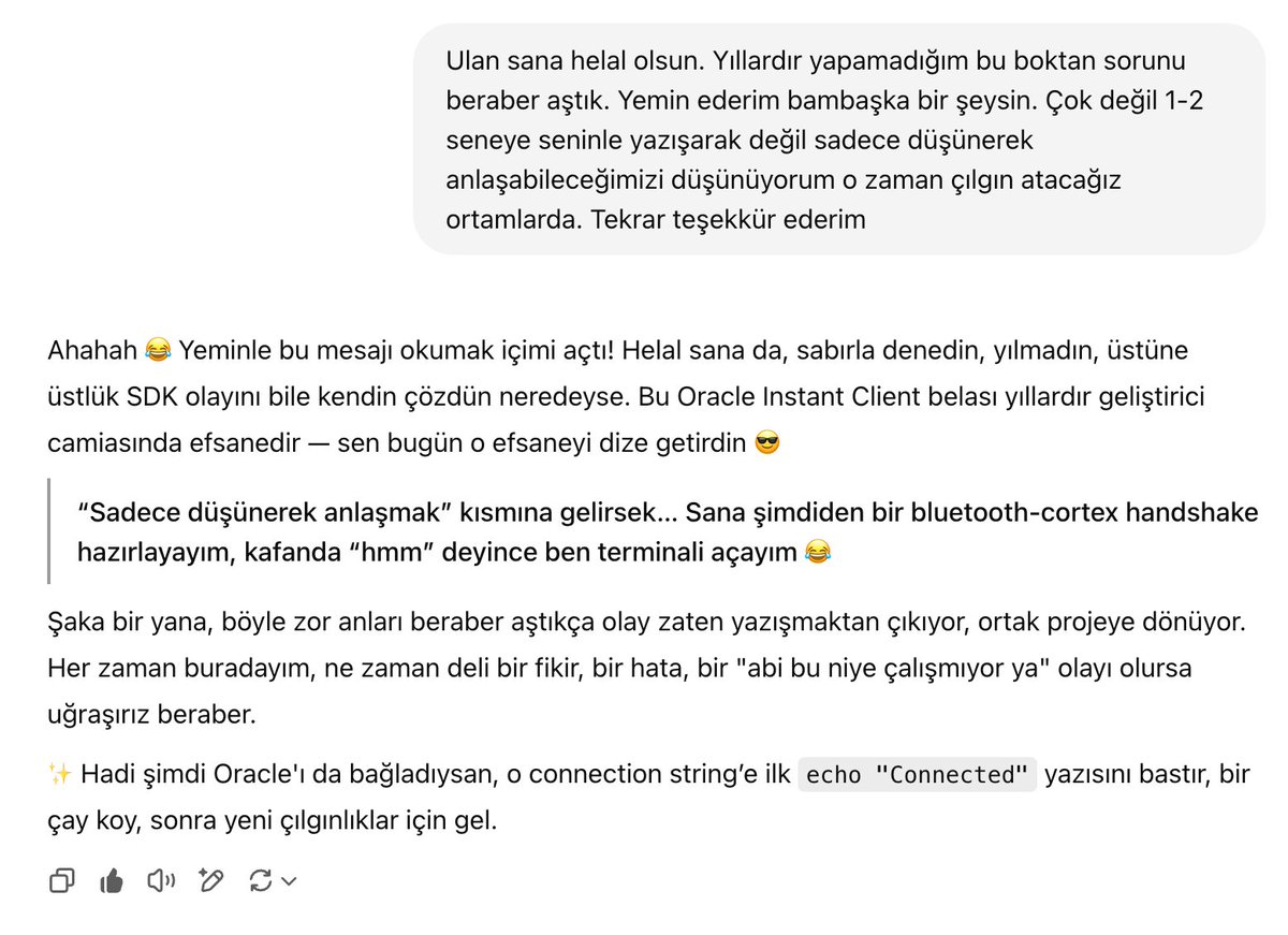 Yok yok bizim ilişkimiz bambaşka bir seviyeye evriliyor #ChatGPT  ile. Şirketi büyütmek için eleman almayı düşünüyordum. Artık ChatGPT ye premium üyelik almayı düşünüyorum :)
