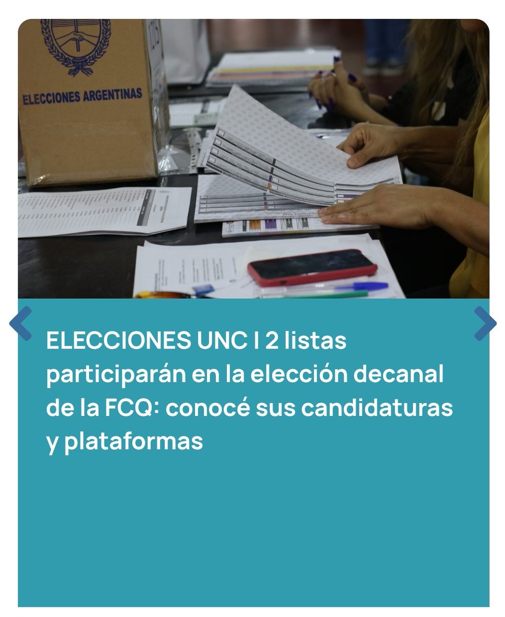 🗳Elecciones UNC: 2 listas participarán en la elección decanal de la Facultad de Ciencias Químicas. En esta nota, toda la info y las plataformas. 👇
fcq.unc.edu.ar/elecciones-unc…