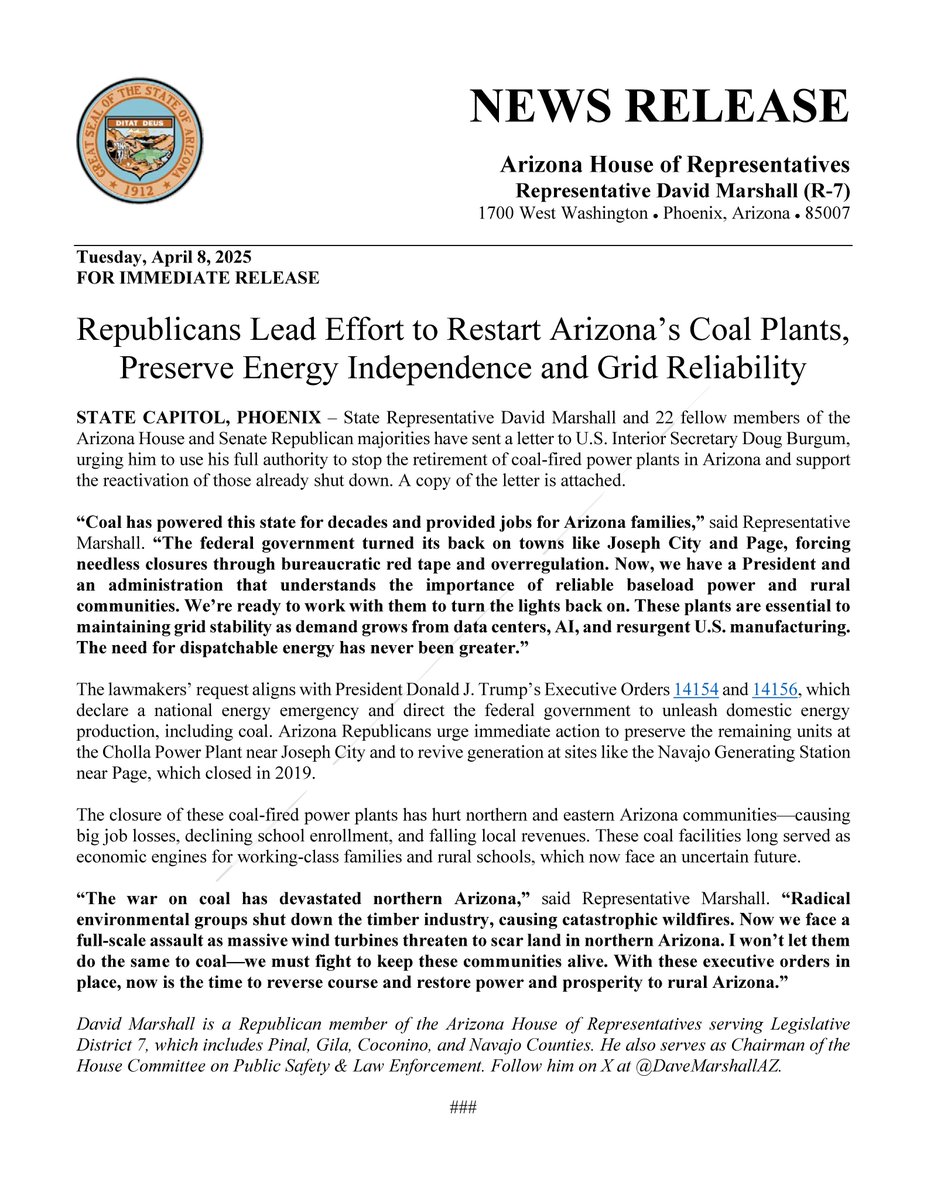 AZHouseGOP's tweet photo. ✅Republicans Lead Effort to Restart Arizona’s Coal Plants, Preserve Energy Independence and Grid Reliability

“The war on coal has devastated northern Arizona. Radical environmental groups shut down the timber industry, causing catastrophic wildfires. Now we face a full-scale assault as massive wind turbines threaten to scar land in northern Arizona. I won’t let them do the same to coal—we must fight to keep these communities alive. With @POTUS @realDonaldTrump’s executive orders in place, now is the time to reverse course and restore power and prosperity to rural Arizona.” -@AZHouseGOP Rep. @DaveMarshallAZ

LEARN MORE👇
https://t.co/LvB5KLi36L

#AZHouseGOP #AZLeg @SteveMontenegro @MichaelCarbone @SelinaBliss @QuangNguyenAZ @BlackmanForAZ @RJ4arizona @LupeDiaz4AZ @lisa_llfink @Livingston4AZ @Leo4AzHouse @AzRepGillette