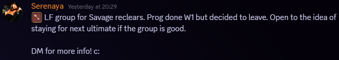 I am a Phys-ranged on the lookout for a savage reclear group to get gear and stuff! Open to the idea of optimisation and stuff down the line, and/or sticking around for ultimate if the group is a good fit. Will also consider reprogging M8S too if you're close-ish to being done c: