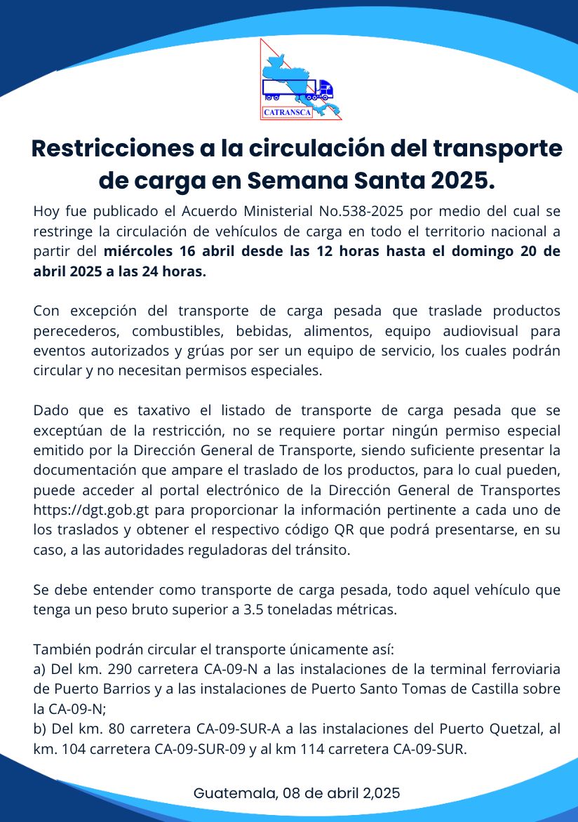 🚛📢 ¡Atención transportistas!
Se han establecido restricciones en Guatemala para la circulación del transporte de carga pesada durante Semana Santa 2025 🛑

📅 Desde el miércoles 16 de abril a las 
📅 Hasta el domingo 20 de abril a las 

🛑 Aplica en todo el país, con