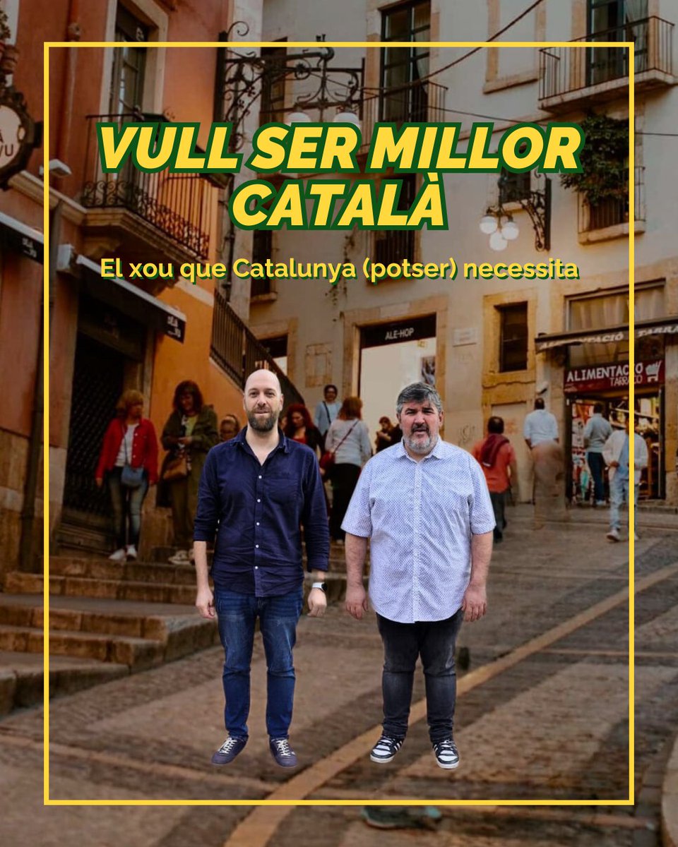 Vull ser millor català.

👉En <a href="/DaniMorla_/">Dani</a> i <a href="/raventos/">Raventós</a>  volen ser millors catalans.
🎙️Xou en directe, podcast de comèdia i cultura catalana.
📍 12 Topos, Tarragona
🗓️ Dissabte 12 d'abril, 20h
💰 Entrades: entradium.com/es/events/vull…

#agendatgn #culturatgn #standup #comedia #tarragona
