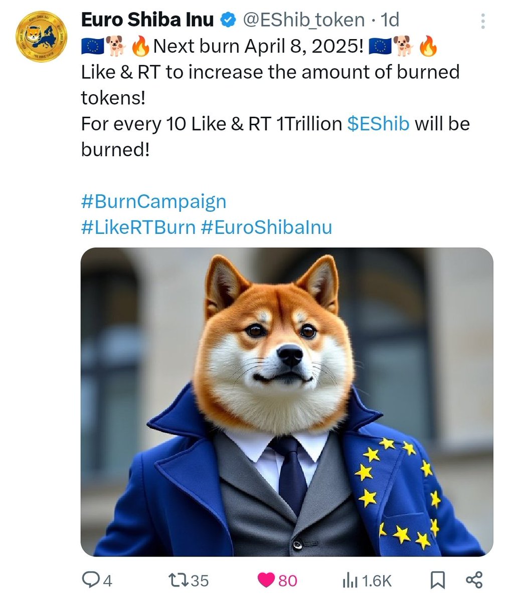 The biggest burn of this campaign has been carried out successfully! 
80 Likes which correspond to 8 Trillion $EShib. 
Let's not forget that sharing is necessary to reach a greater number of participants! 
We continue! bscscan.com/tx/0x934648906…
