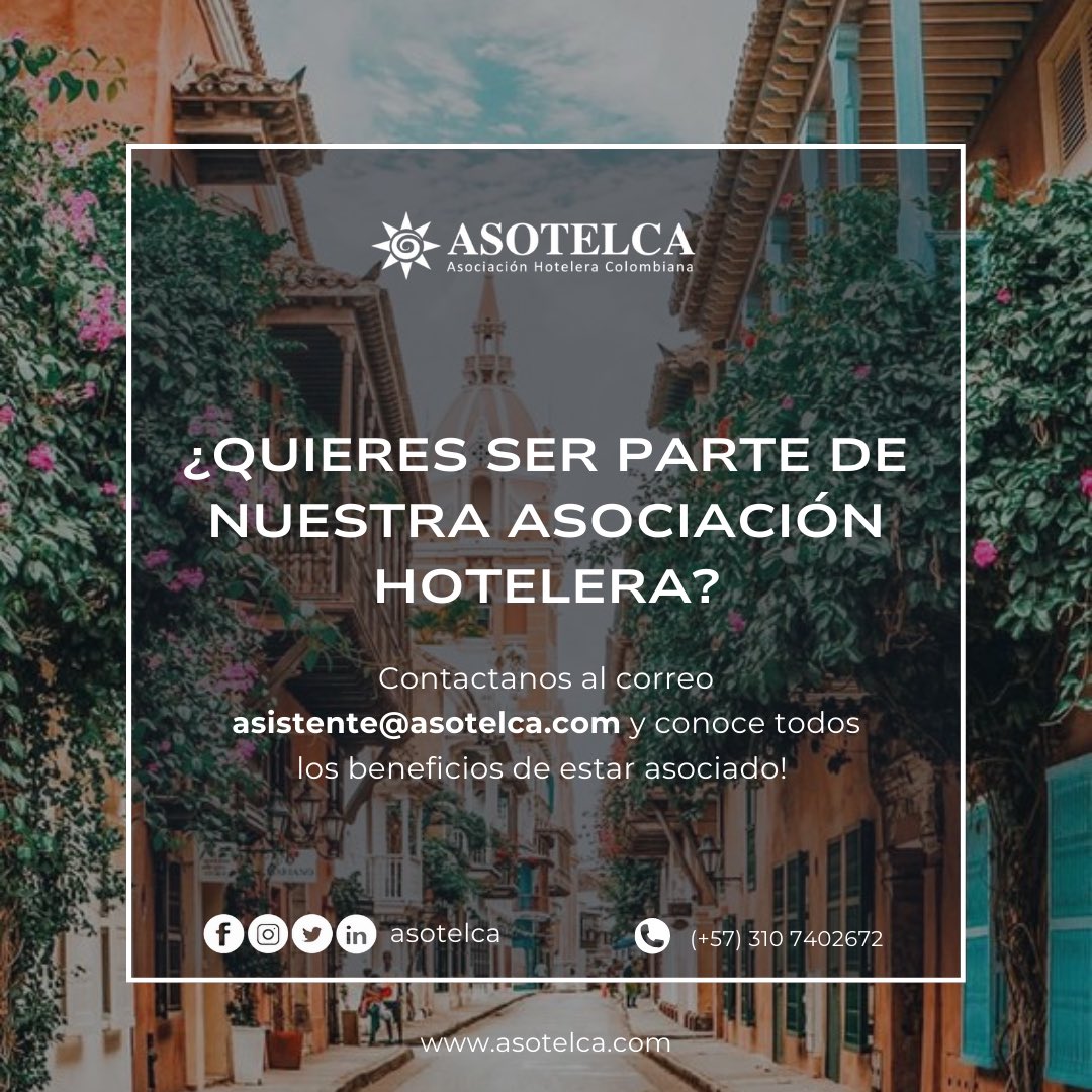 Afiliate a Asotelca y disfruta los beneficios de pertencer al gremio que defiende los intereses del sector hotelero🏨

¡Comunícate ☎️📞al correo asistente@asotelca.com para tener el gusto de atenderte y contarte cuáles son los planes y descuentos que tenemos para ti, empresario!