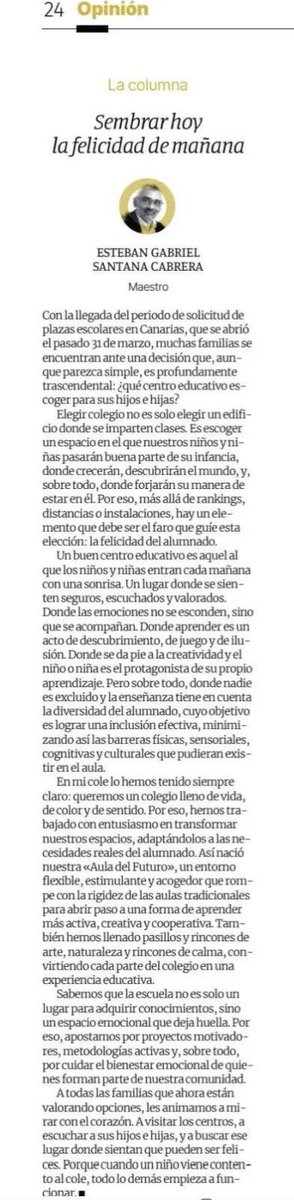 Mi comentario de hoy en <a href="/laprovincia_es/">La Provincia</a>  a propósito de la apertura del proceso de admisión en los centros educativos canarios. "Sabemos que la escuela no es solo un lugar para adquirir conocimientos, sino un espacio emocional que deja huella". laprovincia.es/opinion/2025/0…