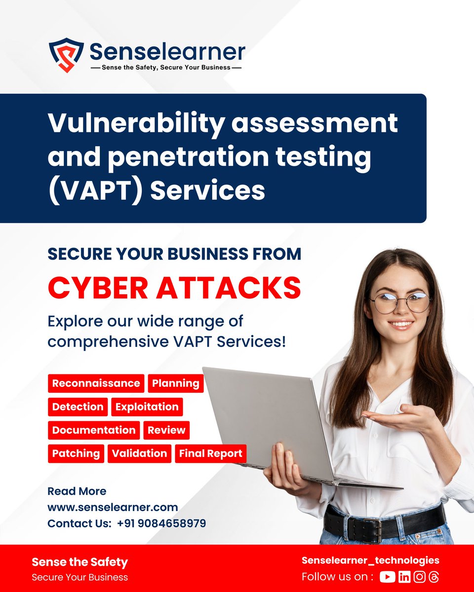 SenselearnerL's tweet photo. Protect your business from cyber threats with Senselearner’s expert VAPT services. 

#CyberSecurity #vapt #penetrationtesting #vulnerabilityassessment #secureyourbusines #Cyberdefense #itsecurity #cyberattackprotection #senselearner #DataProtection https://t.co/w5rusg2IXQ