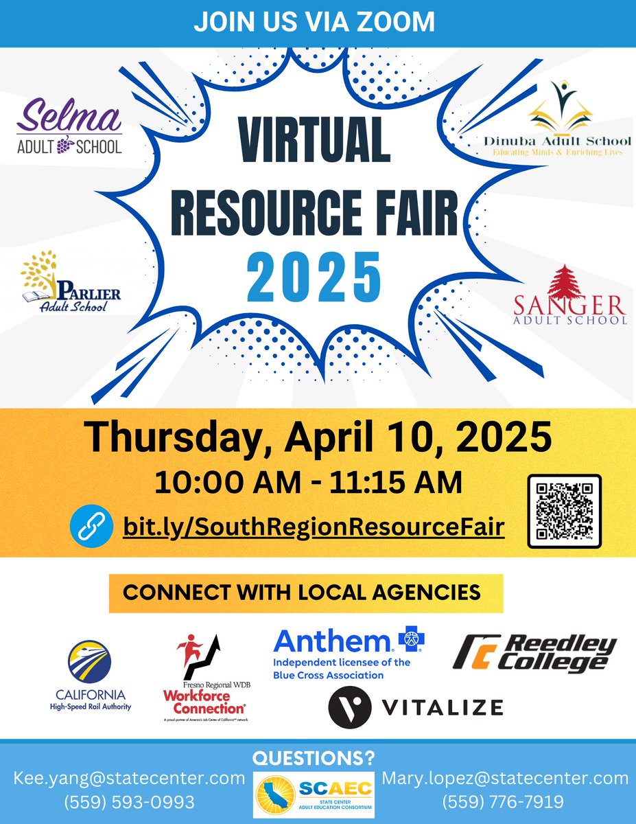 statecenteraec's tweet image. 🚨 South Region Virtual Resource Fair 2025! 🚨

Looking for career, education, or community resources? Join us online &amp;amp; connect with local agencies!

📅 April 10, 2025 | ⏰ 10:00 AM – 11:15 AM
🔗 bit.ly/SouthRegionRes…

#SouthRegionVirtualResourceFair #AdultEducation #SCAEC