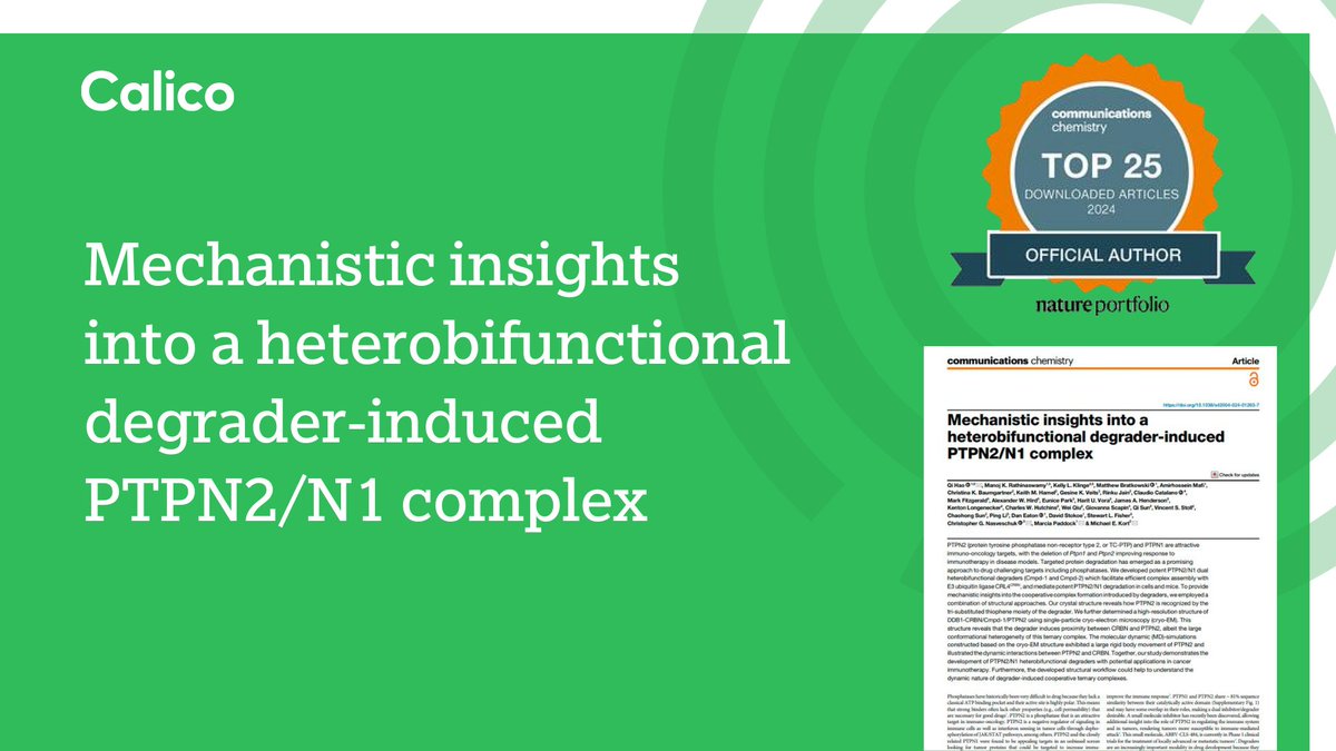 calico's tweet image. We’re proud to share that a recent paper exploring the mechanisms of protein degradation by Calico scientists and collaborators is one of the Top 25 most downloaded papers in Nature Communications Chemistry for 2024.
Read the paper: nature.com/articles/s4200…