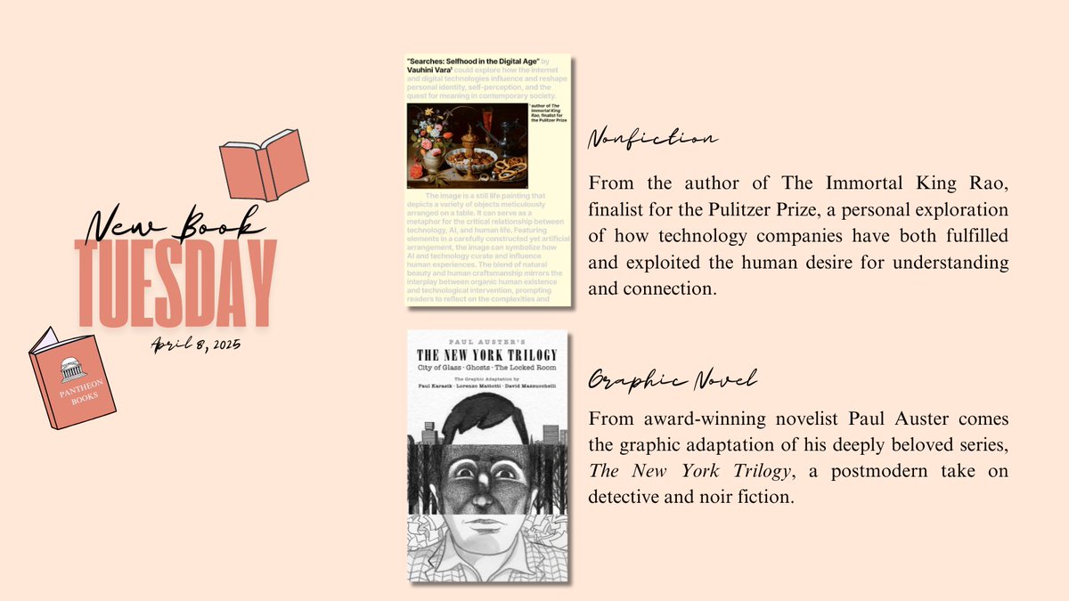 Two bold, brilliant books hit shelves today—SEARCHES and THE NEW YORK TRILOGY graphic novel are officially out in the world! 🌀📘

Happy publication day, Vauhini Vara and Paul Karasik, Lorenzo Mattotti &amp; David Mazzucchelli!