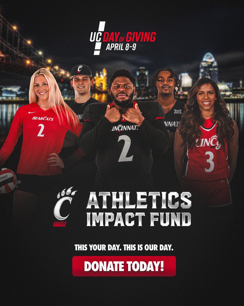 UC Day of Giving starts NOW. Contribute to the new Athletics Impact Fund to directly support Bearcat student-athletes. The Herche Family Foundation will match every dollar donated on the Day of Giving up to $100,000 one-for-one.

🔗: cpaw.me/1d87c8