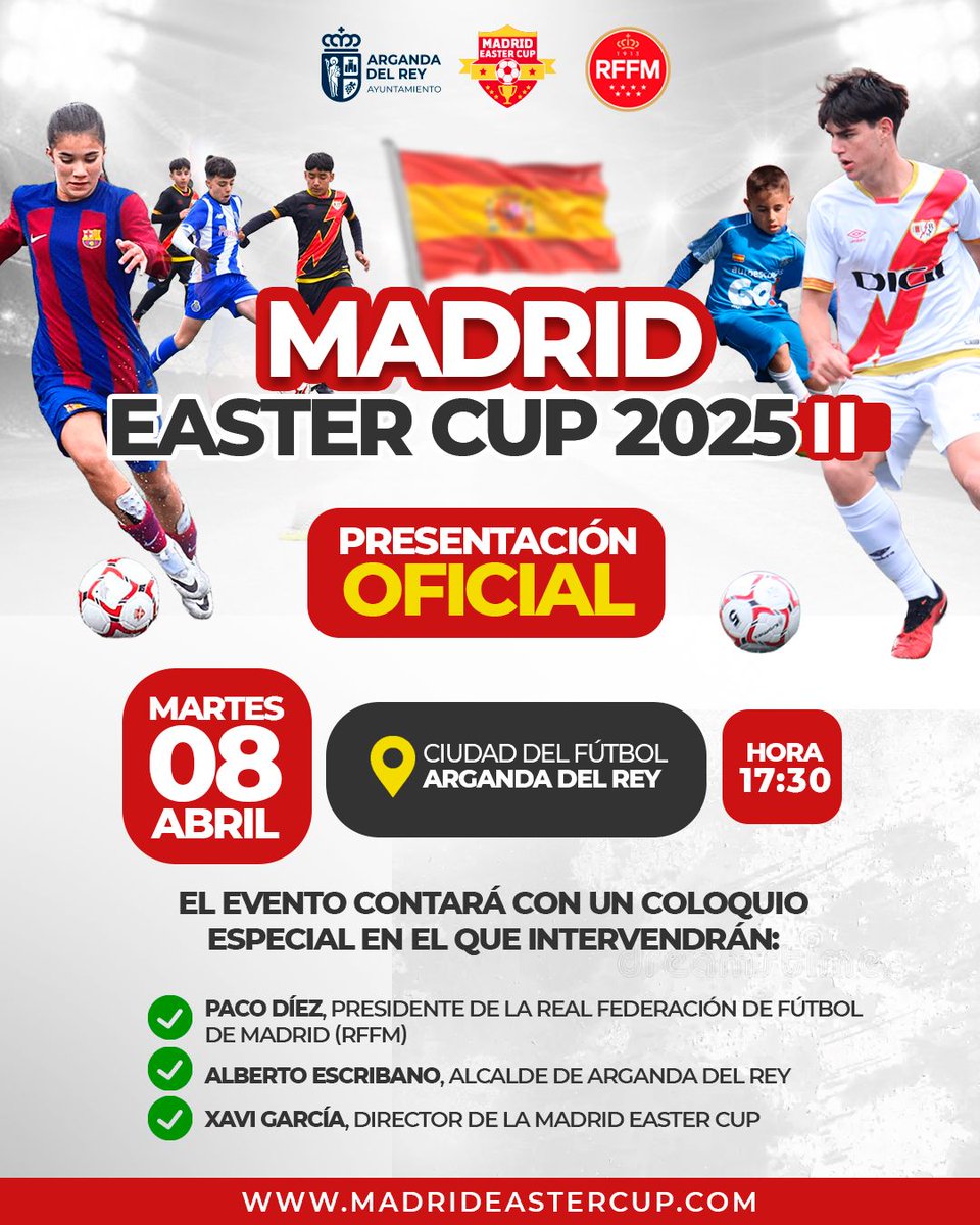 El presidente de la RFFM, <a href="/PacoDiezRFFM/">Paco Díez</a>, está presente en la presentación de la 2ª edición de la <a href="/madrideastercup/">Madrid Easter Cup</a> en la Ciudad del Fútbol de <a href="/Arganda_Ayto/">Arganda del Rey</a> junto al alcalde del municipio, <a href="/AlbertoEscri/">Alberto Escribano</a>, y el director del Torneo Internacional <a href="/xavi_gferre/">Xavi Garcia Ferre</a>