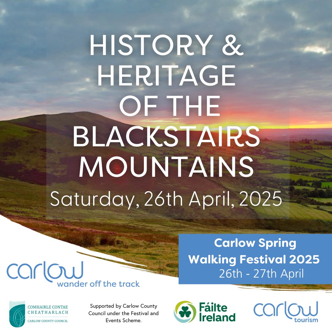 carlowtourism's tweet photo. Join us for a guided walk through the Blackstairs Mountains, where you’ll discover the fascinating history of the area. Led by knowledgeable local guides, this six-hour mountain trek offers a deep dive into the area’s ancient past, revealing the many stories etched into its rugged landscape.

Ample time will be taken to pause and discuss the history and significance of these sites. Whether you’re a history enthusiast or simply curious about the past, this walk is a great opportunity to connect with the ancient heritage of this special area.
Please note that normal hill walking gear is required for this walk.

👉Book your ticket:  https://t.co/EQkcwL0FPR

Date and Time: Saturday, 26th April, 2025 at 9.00 a.m.
Registration: Ballymurphy Hall, Ballymurphy, Borris, Carlow 8.30 a.m. R95 NN62
Walk Duration: 6hrs (approx.)

@Carlow_Co_Co @Failte_Ireland 
#WanderOffTheTrack #IrelandsAncientEast #KeepDiscovering #inCarlow #CarlowTourism #Carlow #walkingfestival