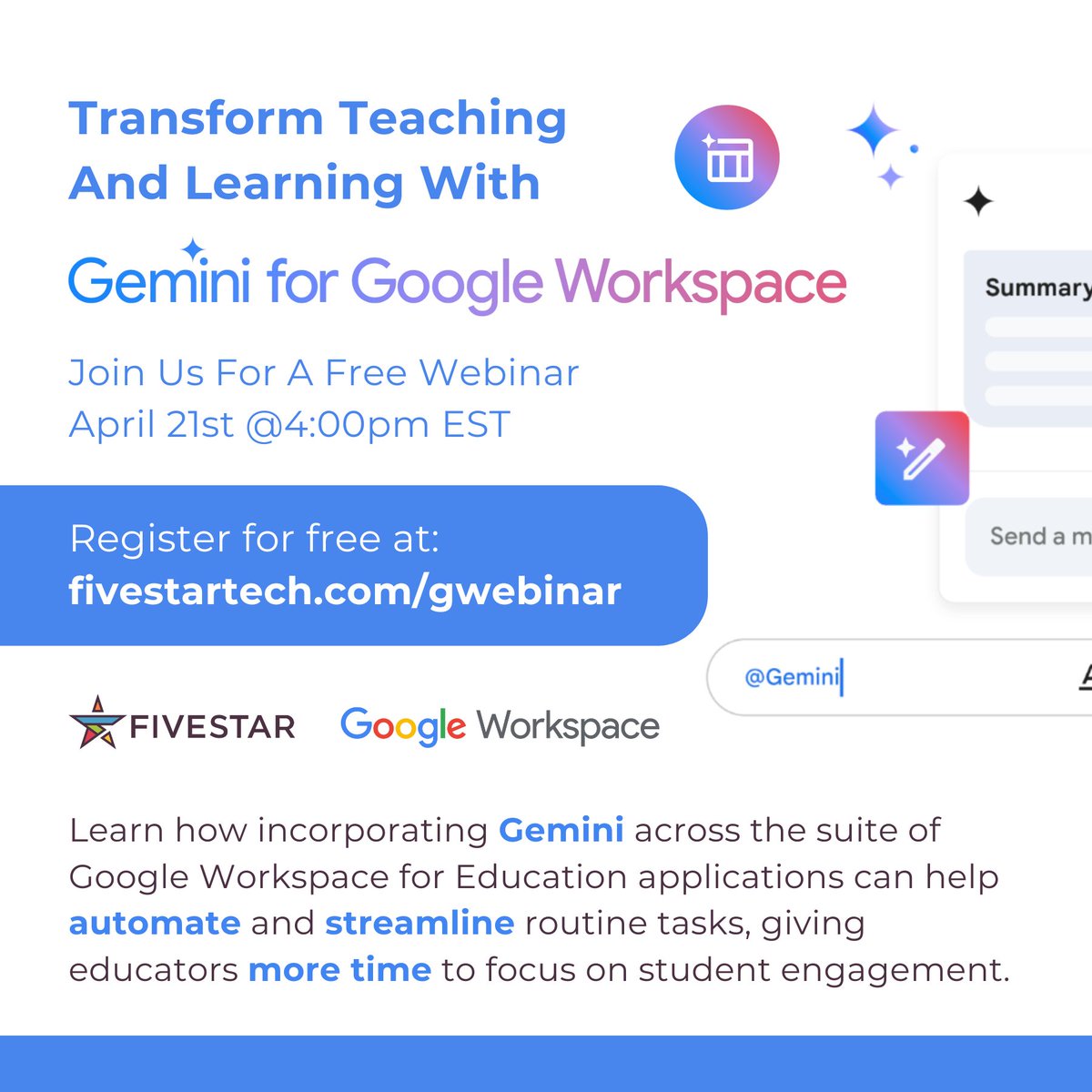 Join us for a 🆓 Webinar on 4/21!

Explore creative ways to incorporate Gemini into lesson planning and delivery, making learning more engaging and tailored to individual student needs and interests.

Register at: hubs.li/Q03ghKB90