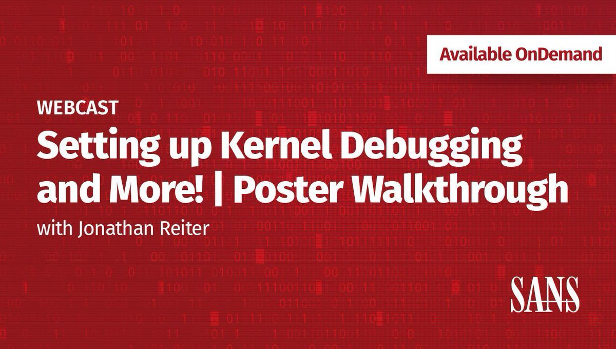 SANSOffensive's tweet image. 📢 Missed the webcast? It’s now OnDemand!
Walk through Jonathan Reiter's new kernel debugging, compiler intrinsics & Windows internals poster.
📺 Watch now: 🔗 sans.org/u/1AJW
#OnDemand #RedTeam #KernelDebugging #SEC670