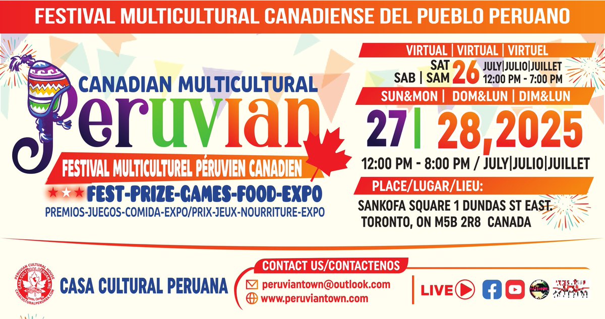 Casa Cultural Peruana π΅πͺπ¨π¦ (@peruviancultura) on Twitter photo Join Us at the Canadian Multicultural Peruvian Fest 2025!**
Celebrate Peruβs Independence Day free entertainment at <a href="/SankofaSquare/">Sankofa Square</a>
- Sat July 26** (Virtual Event)
- Sun July 27 & Mon July 28** (In-person, 12:00-8:00 PM
Info: peruviantown.com
Tel/whatsapp 4162062337 Join Us at the Canadian Multicultural Peruvian Fest 2025!**
Celebrate Peruβs Independence Day free entertainment at <a href="/SankofaSquare/">Sankofa Square</a>
- Sat July 26** (Virtual Event)
- Sun July 27 & Mon July 28** (In-person, 12:00-8:00 PM
Info: peruviantown.com
Tel/whatsapp 4162062337