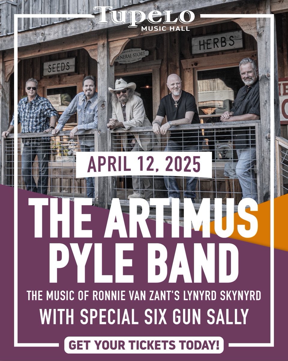 This Saturday, we're rocking out to the music of Ronnie Van Zant's Lynyrd Skynyrd with The Artimus Pyle Band! Special guest Six Gun Sally (the ultimate 70s classic and southern rock tribute band) returns to open the show! Tickets available at: tickets.tupelohall.com/ArtimusPyleBand