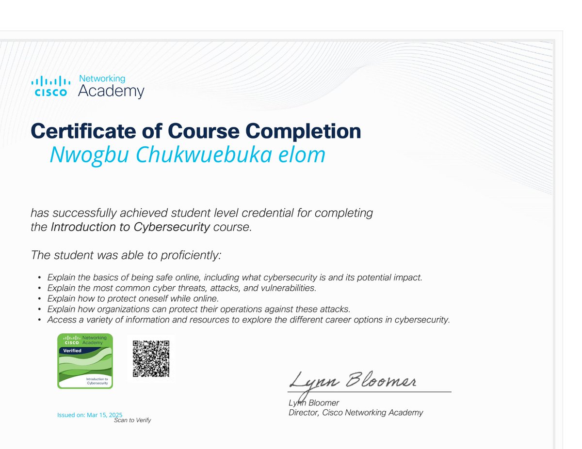 BUKATYFX's tweet photo. Just earned my Cisco Networking Academy certificate in Introduction to Cybersecurity!
Excited to keep building my skills and diving deeper into the world of cyber defense.
#CyberSecurity #Cisco #NetworkingAcademy #Infosec #StudentJourney
@mcloxyventures https://t.co/9RSSTy1Mt0