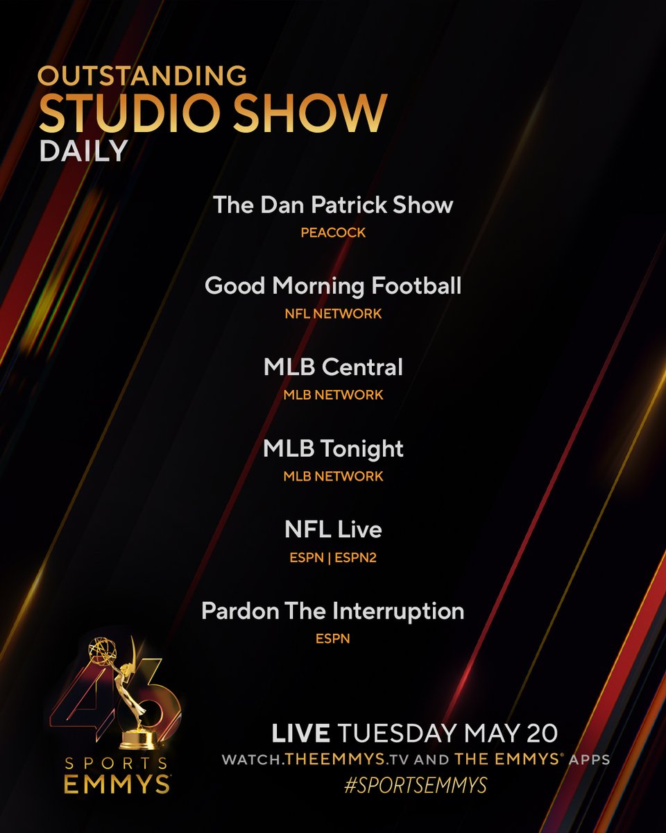 The Emmys (@theemmys) on Twitter photo The #SportsEmmys Nominees for Studio Show – Daily are:
- The Dan Patrick Show (<a href="/peacock/">Peacock</a>)
- Good Morning Football (<a href="/nflnetwork/">NFL Network</a>)
- MLB Central (@mlbnetwork)
- MLB Tonight (@mlbnetwork)
- NFL Live <a href="/espn/">ESPN</a>nfl (<a href="/espn/">ESPN</a>)
- Pardon The Interruption <a href="/PTI/">PTI</a> <a href="/ErikRydholm/">Erik Rydholm</a> (@espn) The #SportsEmmys Nominees for Studio Show – Daily are:
- The Dan Patrick Show (<a href="/peacock/">Peacock</a>)
- Good Morning Football (<a href="/nflnetwork/">NFL Network</a>)
- MLB Central (@mlbnetwork)
- MLB Tonight (@mlbnetwork)
- NFL Live <a href="/espn/">ESPN</a>nfl (<a href="/espn/">ESPN</a>)
- Pardon The Interruption <a href="/PTI/">PTI</a> <a href="/ErikRydholm/">Erik Rydholm</a> (@espn)