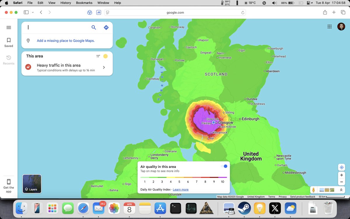 At first I thought there must be something wrong with Google's air quality info for Renfrewshire today.  But now I'm wondering if this is related to the grass fires. Big difference in DAQI if so ! #AirQuality #AQI #GoogleMaps