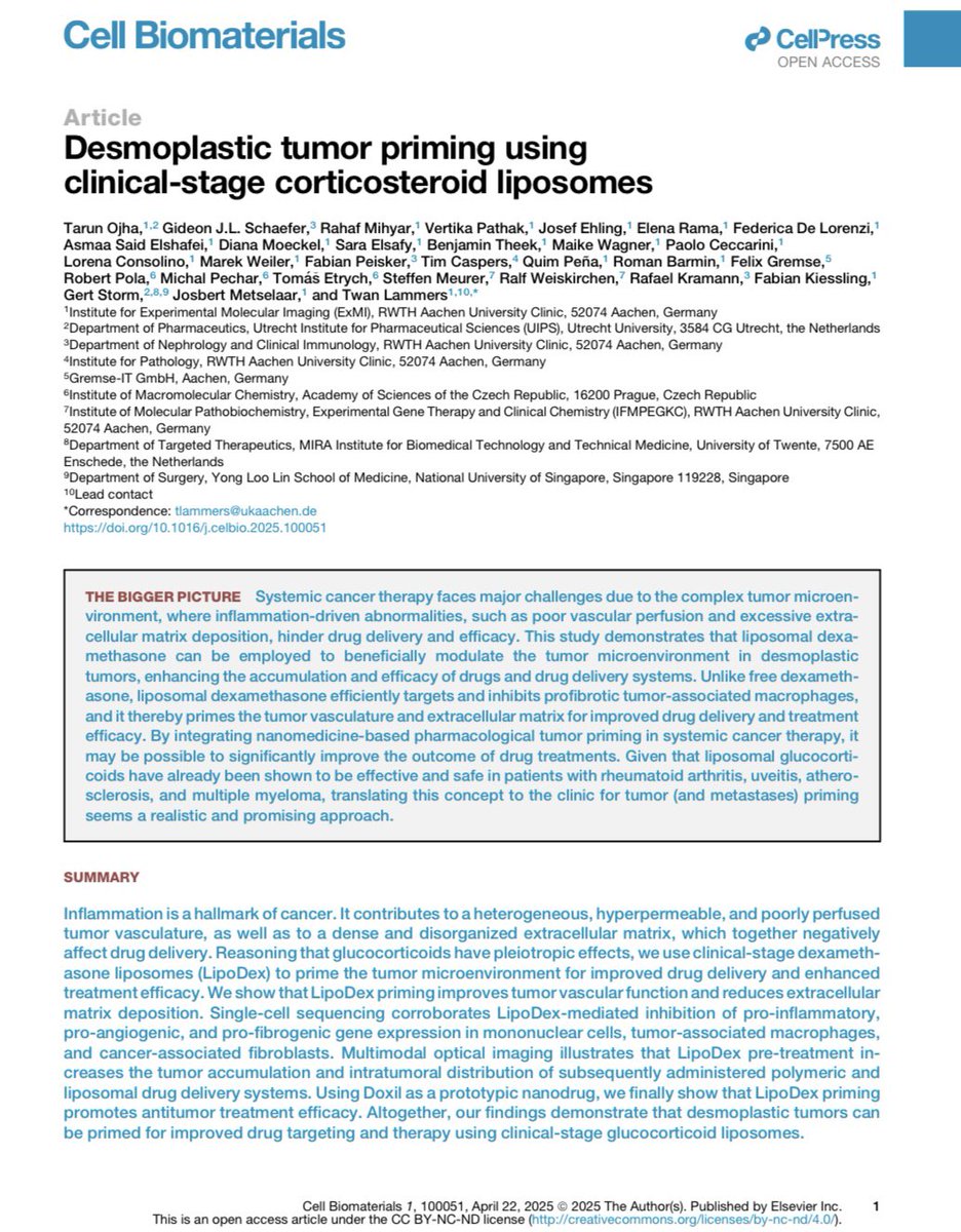 Twan Lammers (@twan_lammers) on Twitter photo Very nice new work by <a href="/Tarun_A_Ojha/">Tarun Ojha</a> et al. on the use of dexamethasone nanomedicines to target SPP1-macrophages and reduce tumor fibrosis
cell.com/cell-biomateri…
<a href="/RWTH/">RWTH Aachen</a>
<a href="/UniklinikAachen/">Uniklinik RWTH AC</a>
<a href="/ERC_Research/">European Research Council (ERC)</a> Very nice new work by <a href="/Tarun_A_Ojha/">Tarun Ojha</a> et al. on the use of dexamethasone nanomedicines to target SPP1-macrophages and reduce tumor fibrosis
cell.com/cell-biomateri…
<a href="/RWTH/">RWTH Aachen</a>
<a href="/UniklinikAachen/">Uniklinik RWTH AC</a>
<a href="/ERC_Research/">European Research Council (ERC)</a>