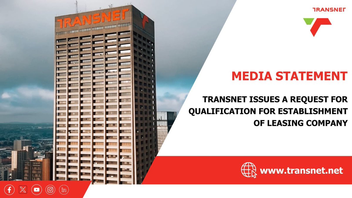 follow_transnet's tweet photo. [Media Statement] Transnet today issued a Request for Qualification to commence the selection process for a partner in the establishment of a rolling stock leasing company (LeaseCo). LeaseCo will drive the acquisition, management and leasing of rail rolling stock to domestic and regional markets. 

The RFQ submission period remains open until 4 July 2025. Shortlisted bidders from this process will proceed to the Request for Proposal (RFP) phase in August 2025.

Read more: 🔗 https://t.co/faBiwEaMKy