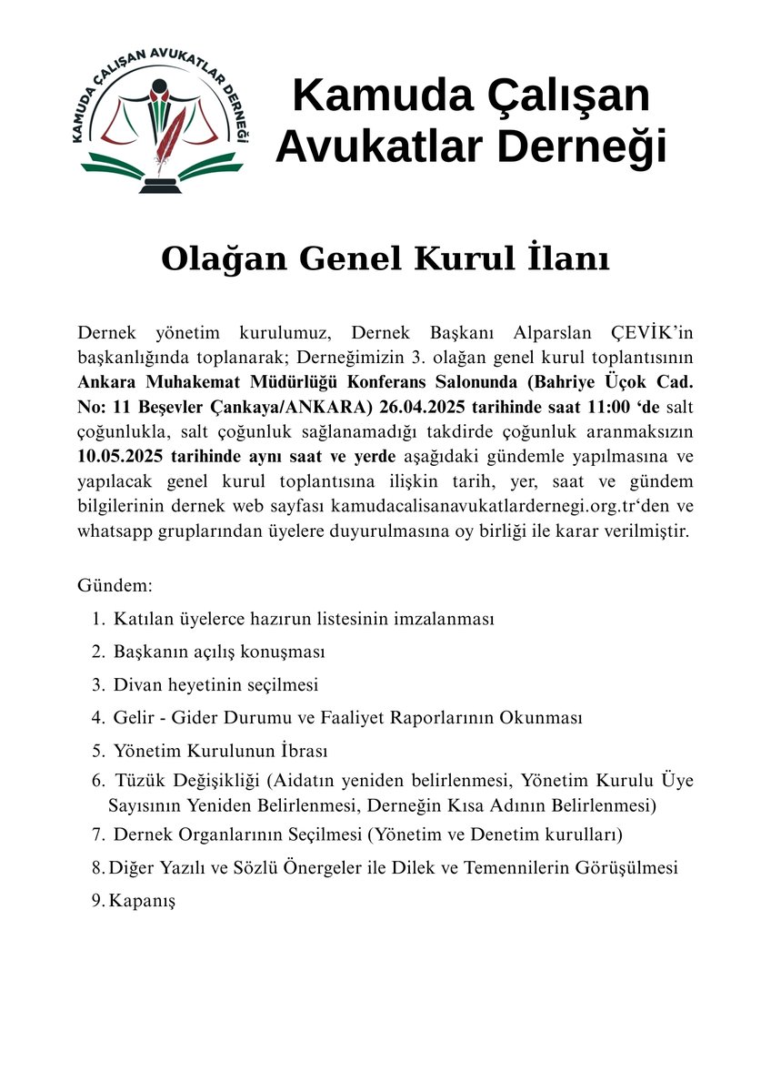 Derneğimizin Olağan Genel Kurul İlanı
kamudacalisanavukatlardernegi.org.tr/olagan-genel-k…