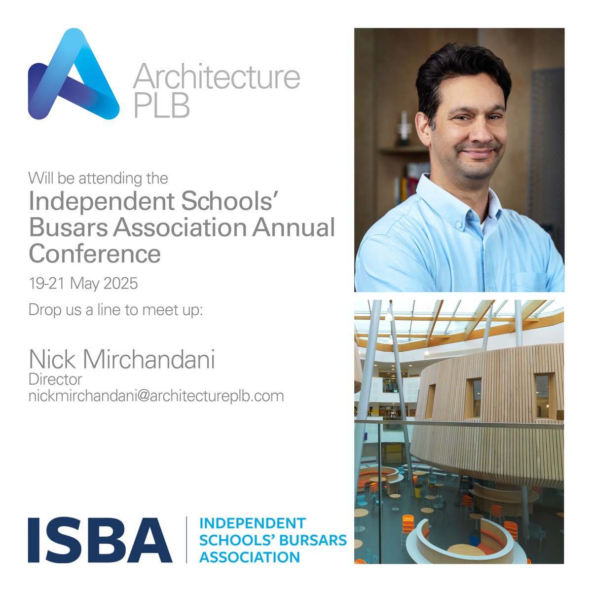 ArchitecturePLB's tweet image. Meet us at ISBA 2025!
ArchitecturePLB Director, Nick Mirchandani, will be attending the Independent Schools' Bursars Association Annual Conference on May 19-21 at Manchester Central. Let's connect and explore how we can create inspiring educational spaces!
#EducationInnovation