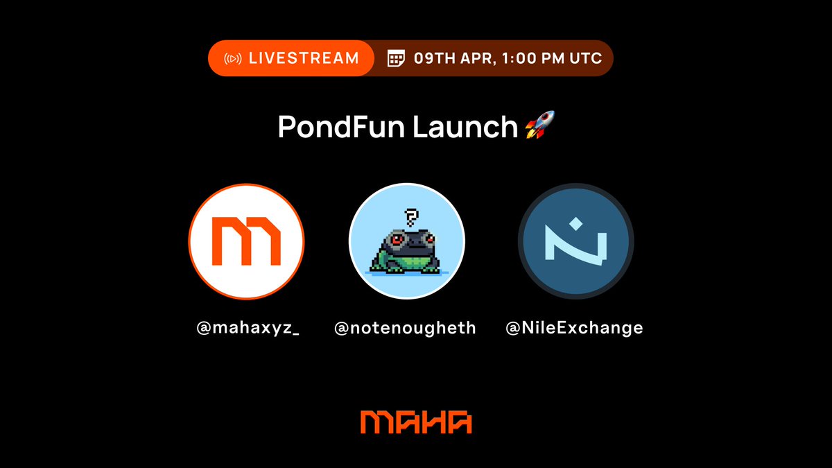 wagmie__'s tweet photo. Join us for the PondFun Launch livestream. 

🗓️ 09th April, 1:00 PM UTC
🎙️ Featuring: @mahaxyz_ @notenougheth @NileExchange https://t.co/NnkU2xJa2t