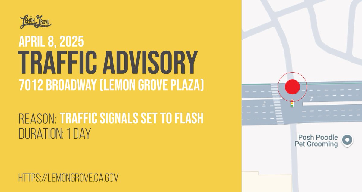 🚦 Traffic Advisory 🚦 

Be advised. Traffic signals near 7012 Broadway are currently set to flash. Please use caution as crews work to make repairs.

#cityoflemongrove