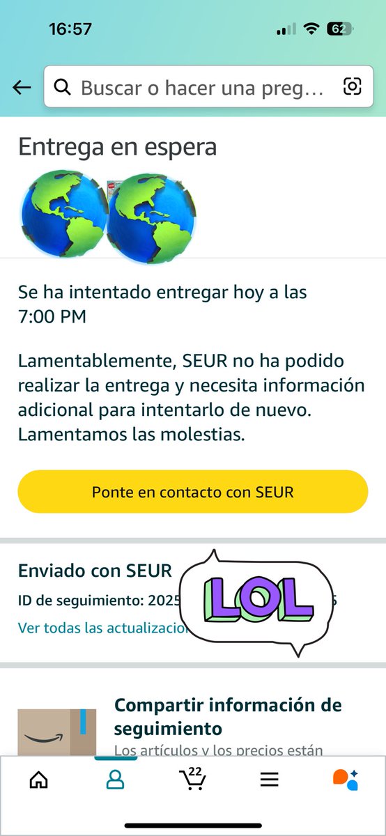 Me encanta el momento en el que <a href="/SEUR/">SEUR</a> ha intentado hacer entrega del pedido a las 7 pm siendo las 5 pm debe ser que trabajan con una máquina del tiempo . No tienen vergüenza.