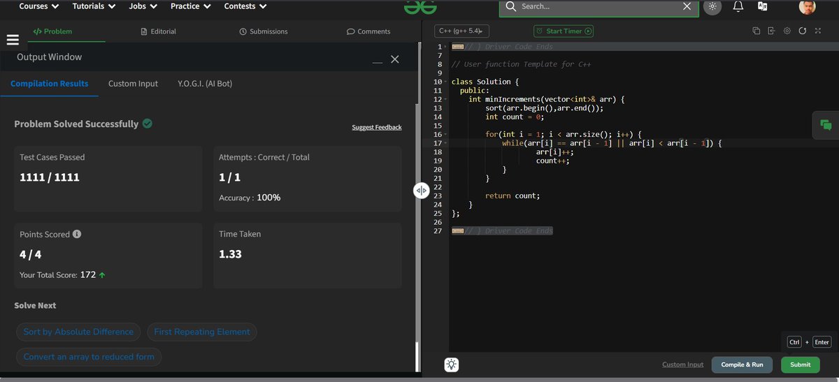 AbhiRadadiya30's tweet image. 🧩 Make Array Elements Unique
🎯 Increment elements to remove duplicates
⚙️ Only +1 allowed per move
📉 Minimize operations!
💡 Ex: [3,2,1,2,1,7] → 6 ops
#DSA #GreedyAlgo #CodingChallenge #ProblemSolving