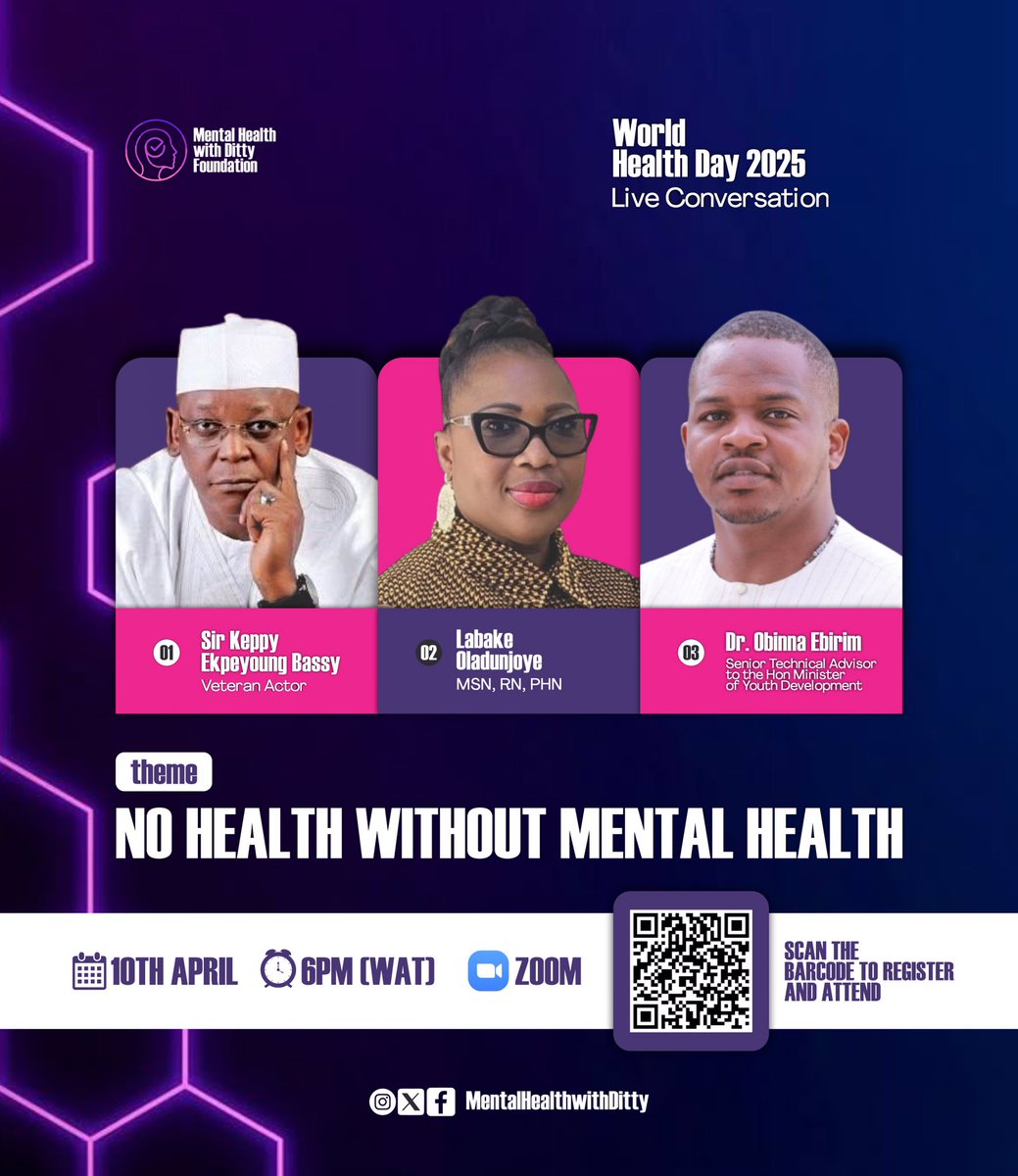 MHWithDitty's tweet photo. Join us and our guests speakers to have a conversation in commemoration of the World Health day to discuss the topic No Health with Mental Health 

Thursday, 10th of April, 2025.

Click on the link below to attend
https://t.co/VPhdK5hKGV

#MentalHealthwithDitty
#worldhealthday https://t.co/cFGfQhottK