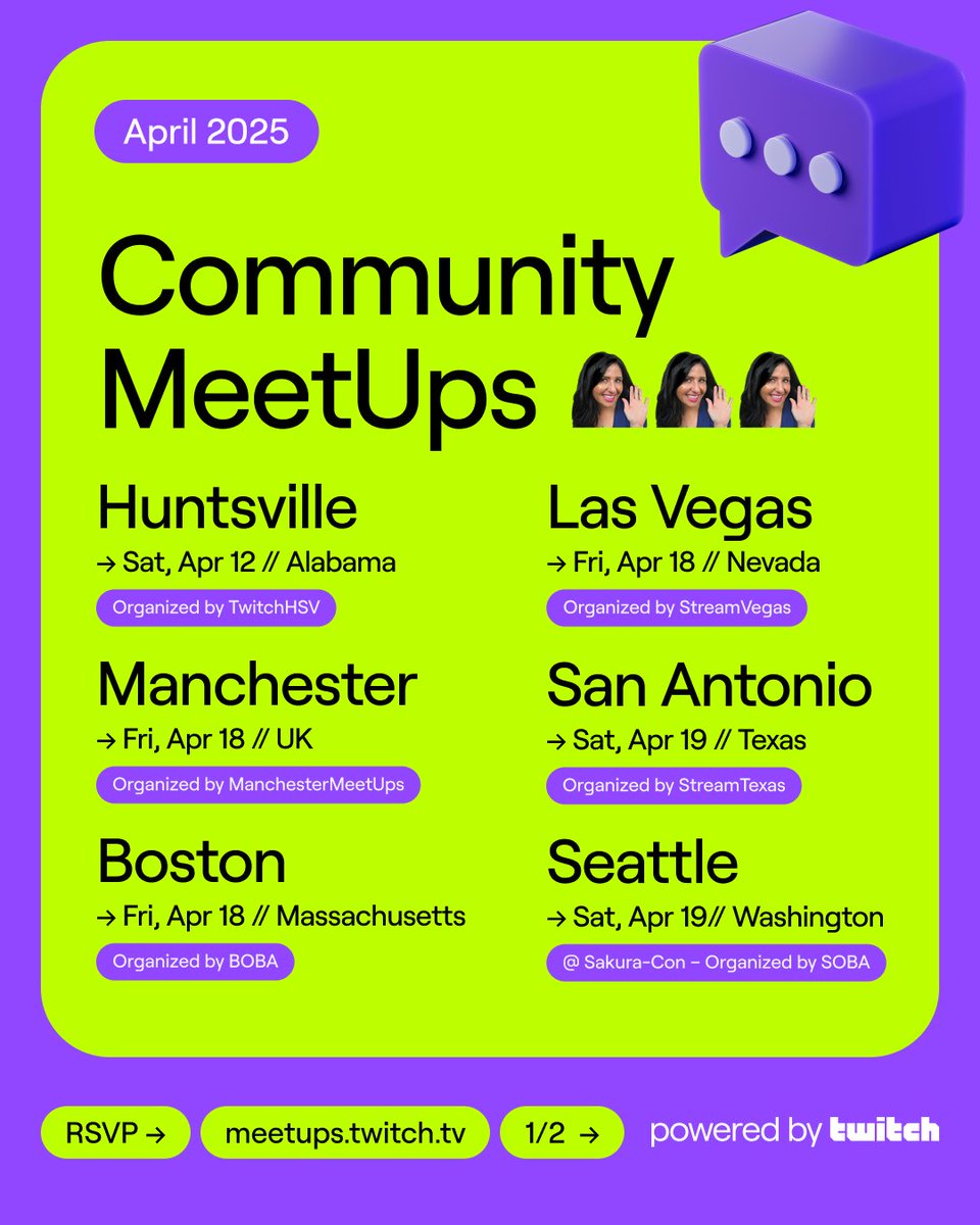 Twitch's tweet photo. So many April MeetUps, we need two pages! 🎉  Always by the community, for the community— find an event near you. https://t.co/R4kqRjouyY