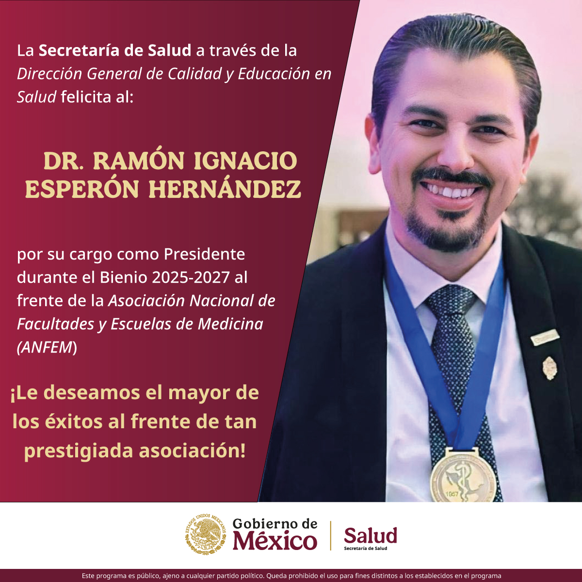 La <a href="/SSalud_DGCES/">Calidad y Educación</a>  felicita la designación del Dr. Ramón Esperón Hernández como presidente de la  <a href="/AMFEM_Oficial/">AMFEM</a> para el Bienio 2025-2027

¡Mucho éxito!

#EducaciónenMedicina
#PorLaSaludDeTodasYTodos