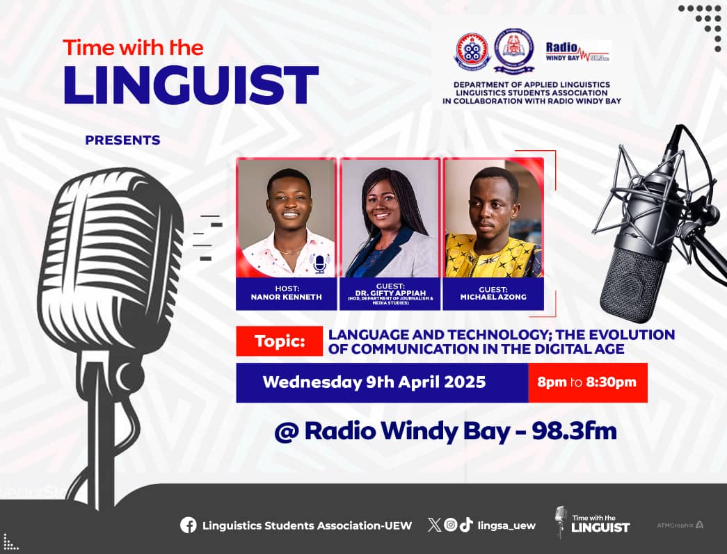 We are honoured to have *Dr. Gifty Appiah, the HOD of the Department of Journalism and Media Studies, joining us on Time with the Linguist ;  and that alone should tell you how insightful this discussion will be. Tune in tomorrow, from 8:00pm to 8:30pm on Radio Windy Bay 98.3FM.