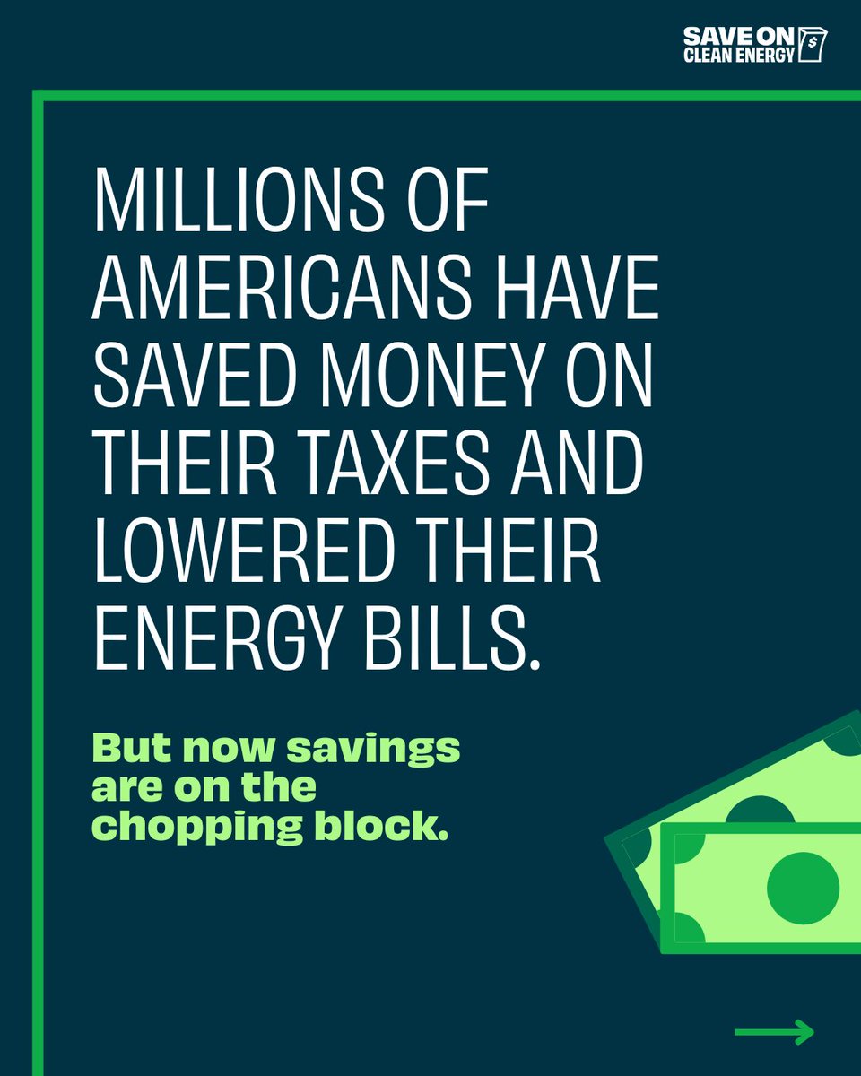 CivicNation's tweet photo. Millions of Americans have saved money on their taxes &amp; lowered their energy bills thanks to clean energy tax credits, but now these savings are on the chopping block.

From now until #TaxDay, we'll be sharing how you can #SaveOnCleanEnergy &amp; take action: https://t.co/J3FMczgbZk https://t.co/TYrYmjcPlK